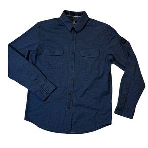 Buttercloth mens L Large blue cotton blend stretch snap button shirt EUC